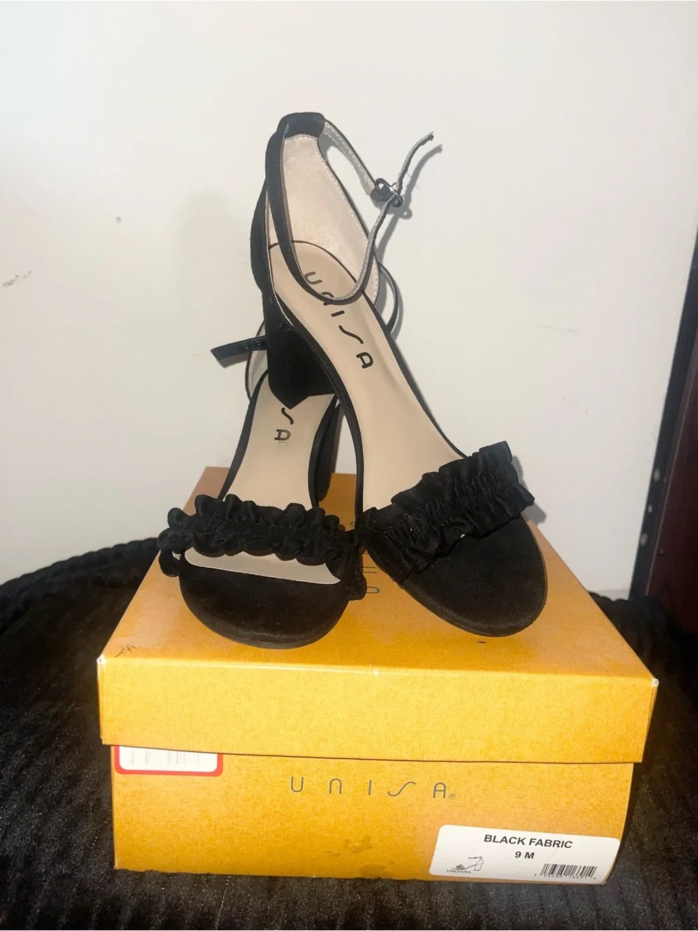 Unisa Black Ruffle Front Ankle-Strap Heels Size 9